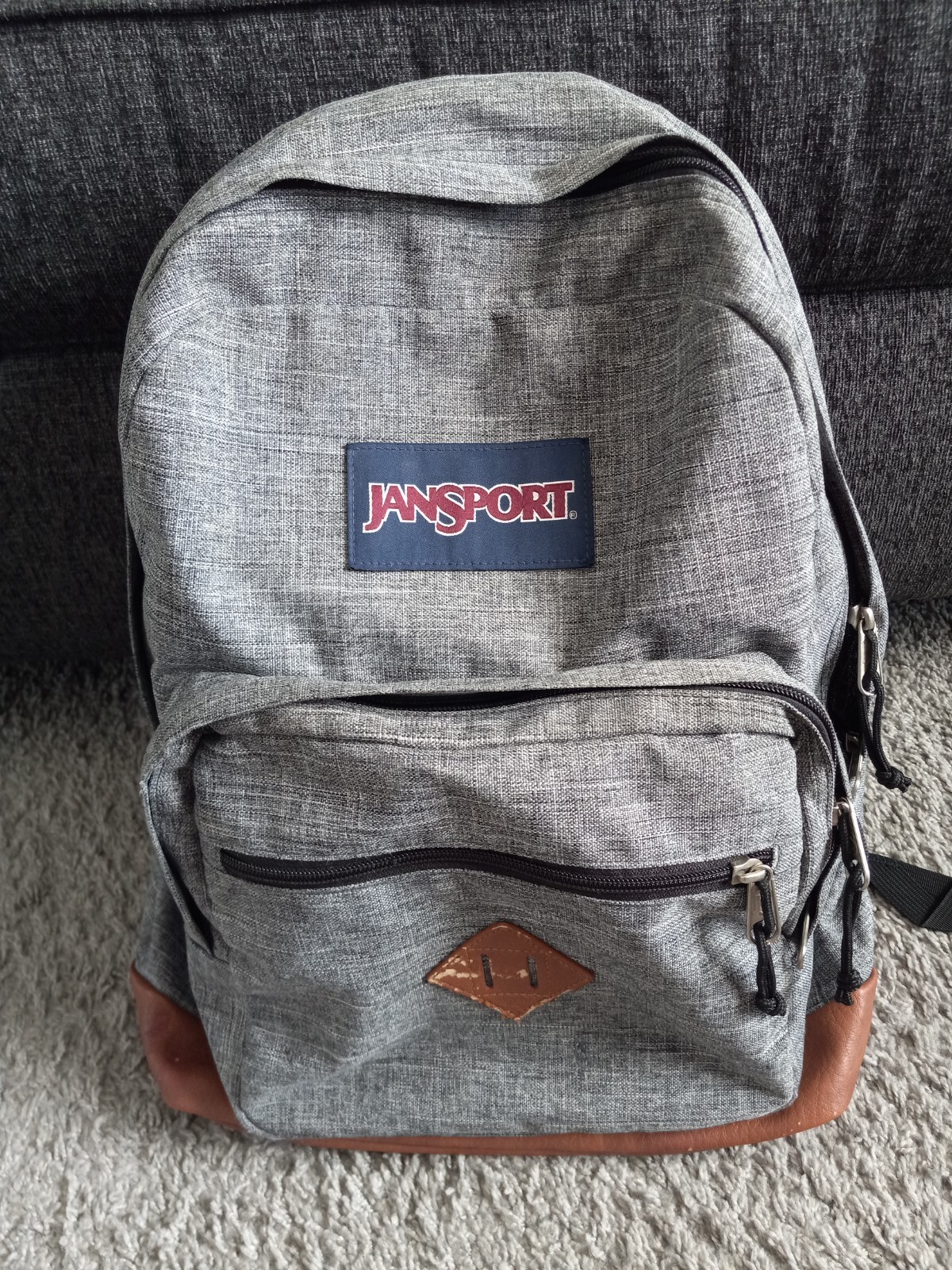 Jansport Backpack Cool Student Laptop Gray Faux Brown Leather