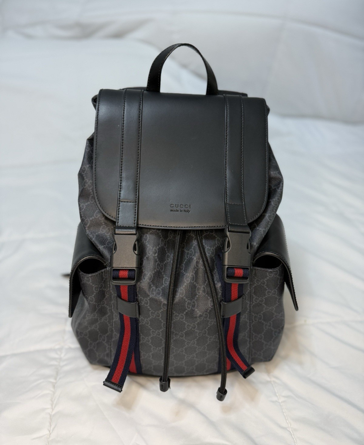 Gucci GG Monogram Drawstring Backpack Black/Gray Web Stripe, Adjustable, Pockets