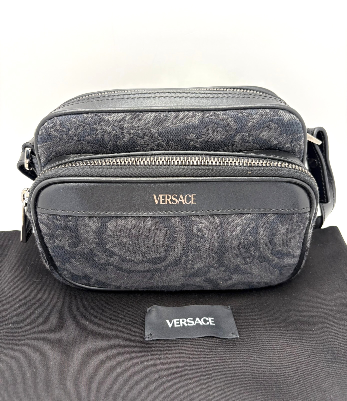 VERSACE Black Jacquard Barocco Athena Messenger Crossbody Bag Canvas Mens NWOT