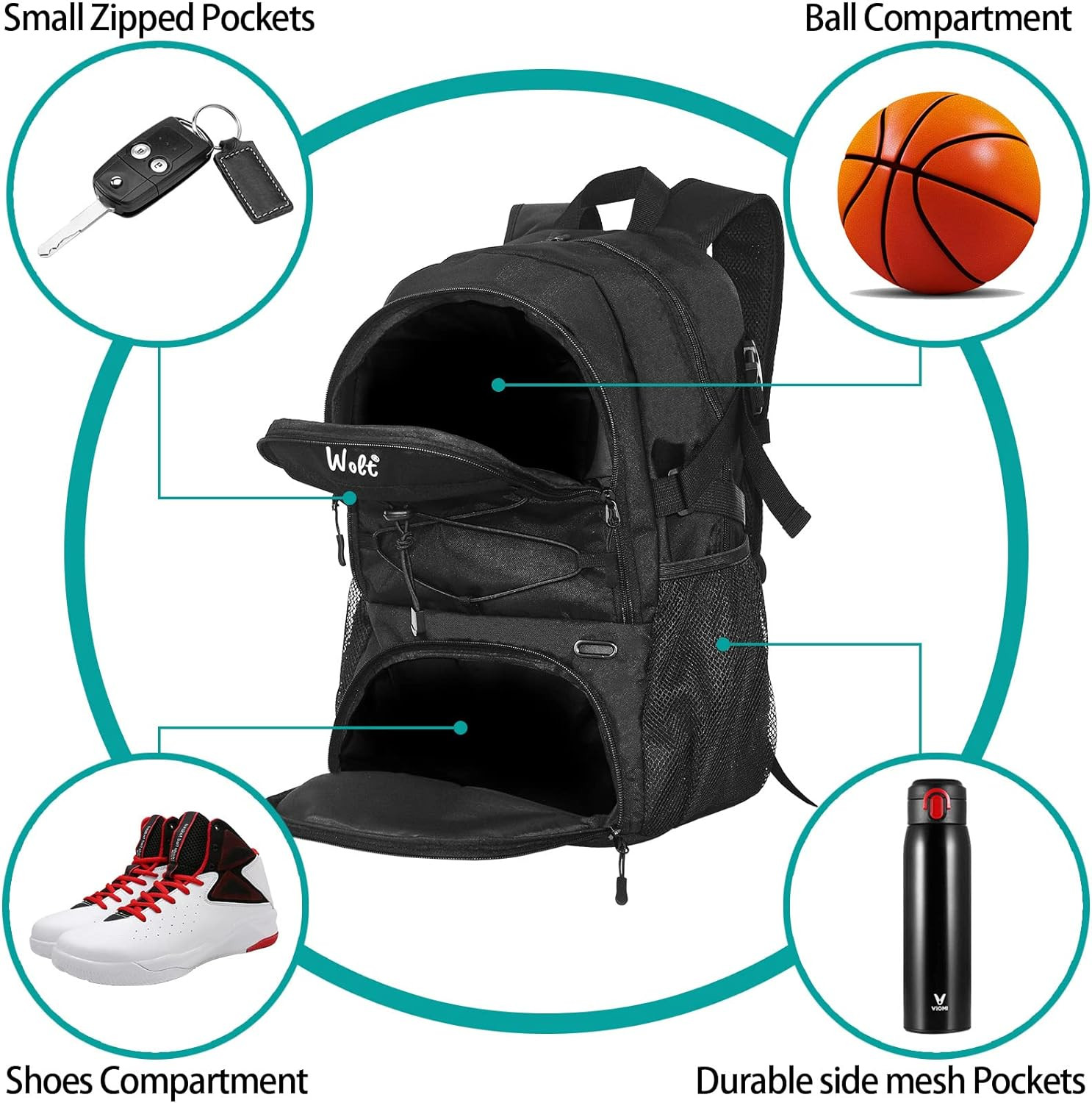 Basketball Backpack Large Sports Bag with Separate Ball Holder & Shoes Compartme