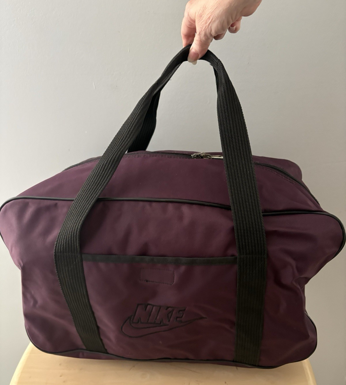 Vintage 80s 90s NIKE Duffle Bag Deep Purple Spellout Big Check Workout Retro