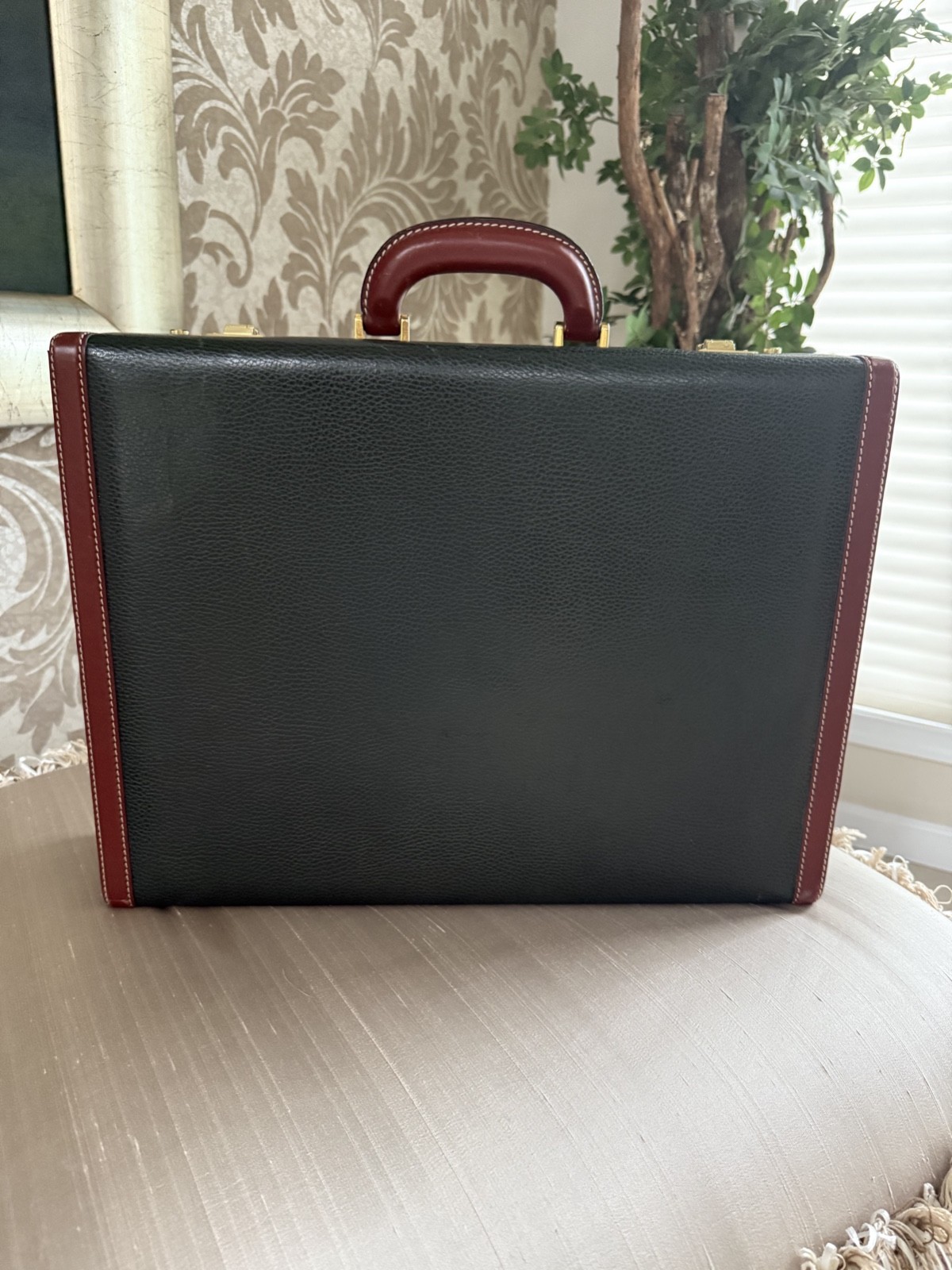 Cole Haan Leather Attache Hard Briefcase Hunter Green & Saddle Trim