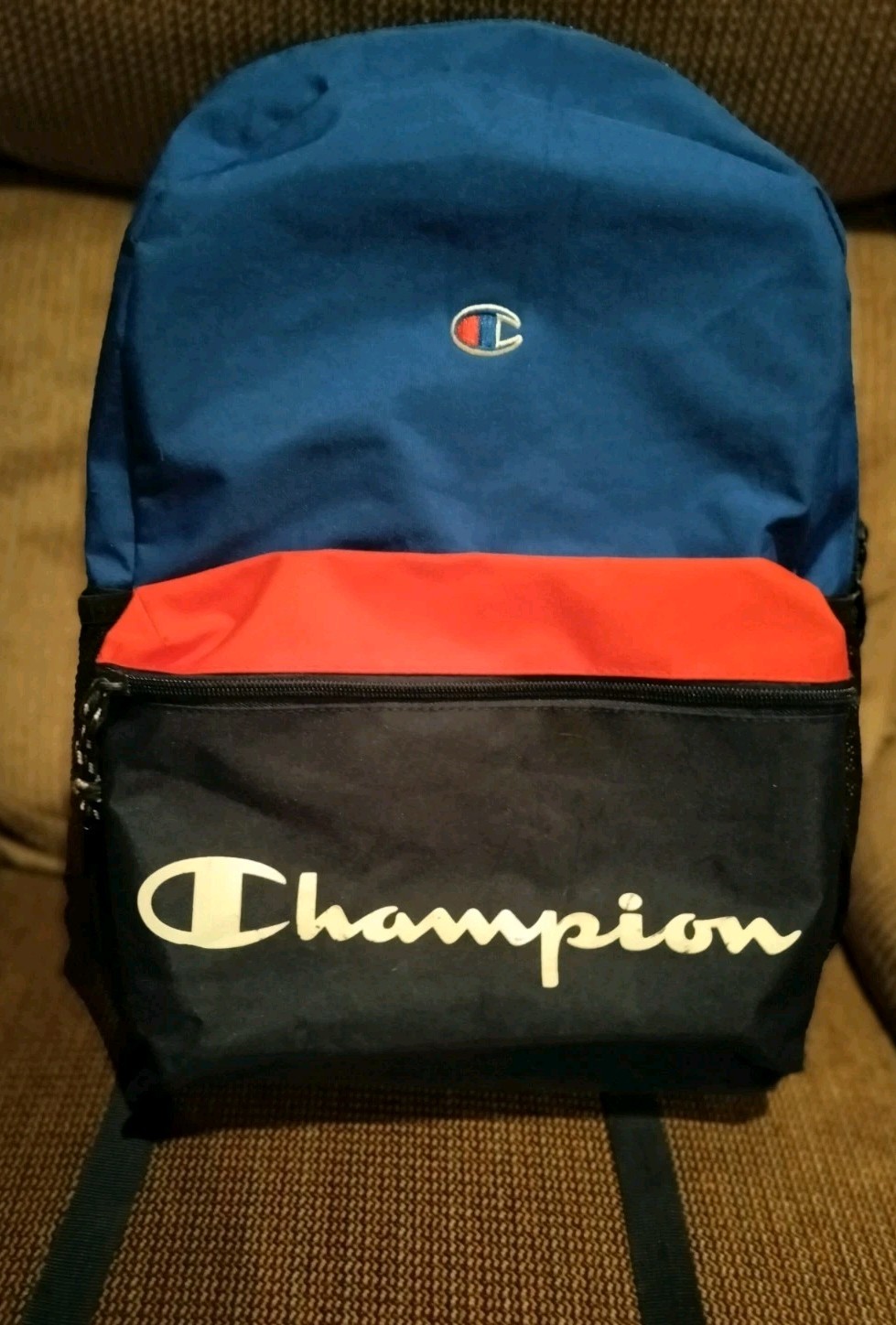 Champion Backpack Blue/Black/Red, Side & Inner Pockets, Two Zippers, Straps