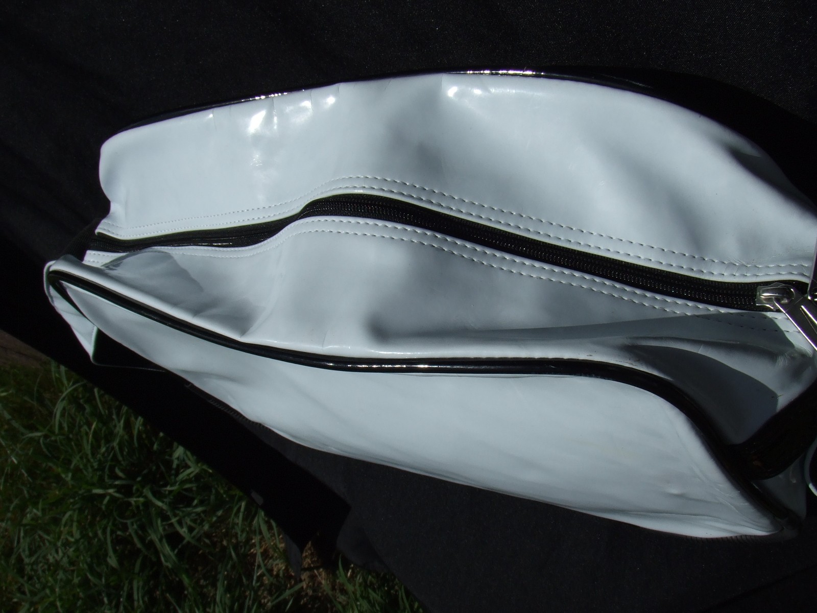 Vintage 90s Nike Patent Leather Messenger Bag Side Body White Black Swoosh Sport
