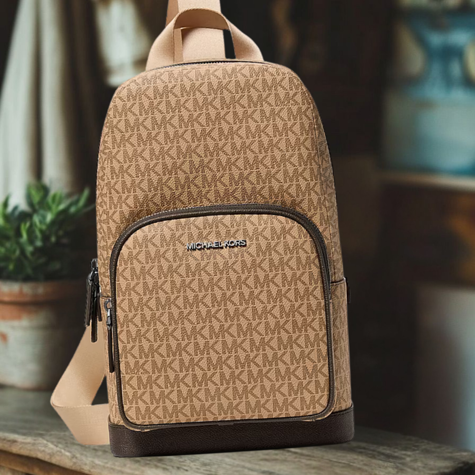 Michael Kors Cooper Men MK Logo Print Canvas Crossbody Sling Pack Bag Camel