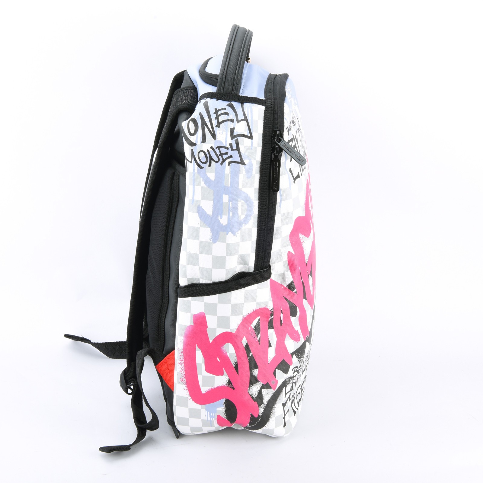 Sprayground Shark Poetry Dlxsv Leather Backpack Zippered Unisex Plaid Pink Gray