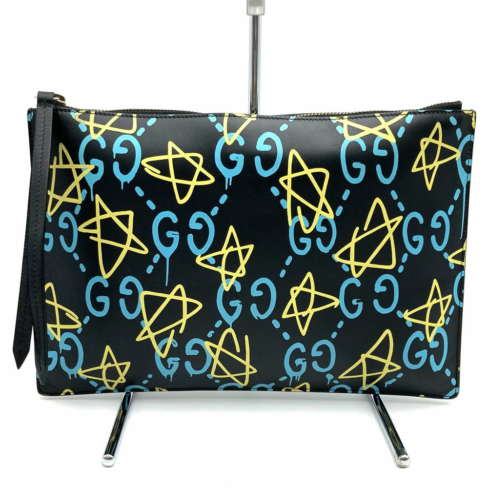 Gucci Ghost 445597 Clutch Bag Trouble Andrew Collaboration Leather Black Used