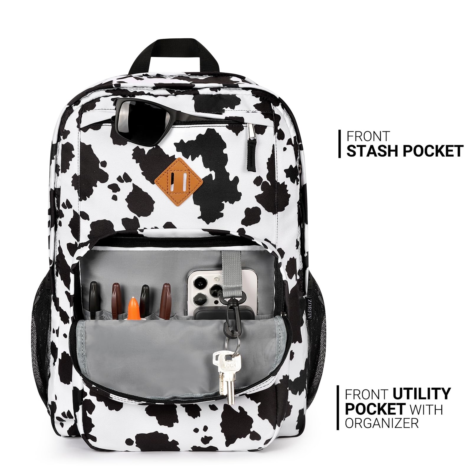 26L Cow Print Black Backpack for School College Travel Water Resistant