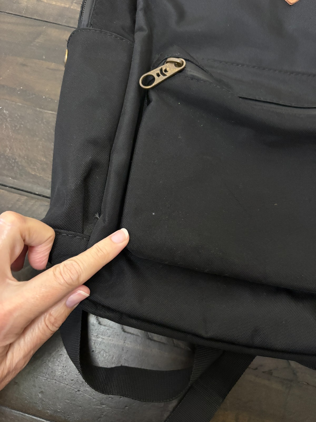 Revelry Water Resistant Black Tan Backpack Zipper needs repair see description