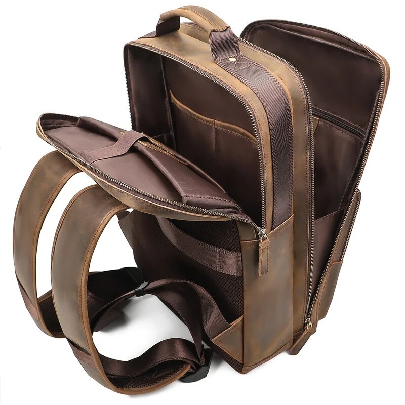 Men Vintage Leather Backpack Crazy Horse Leather 15.6” Laptop Travel Backpack