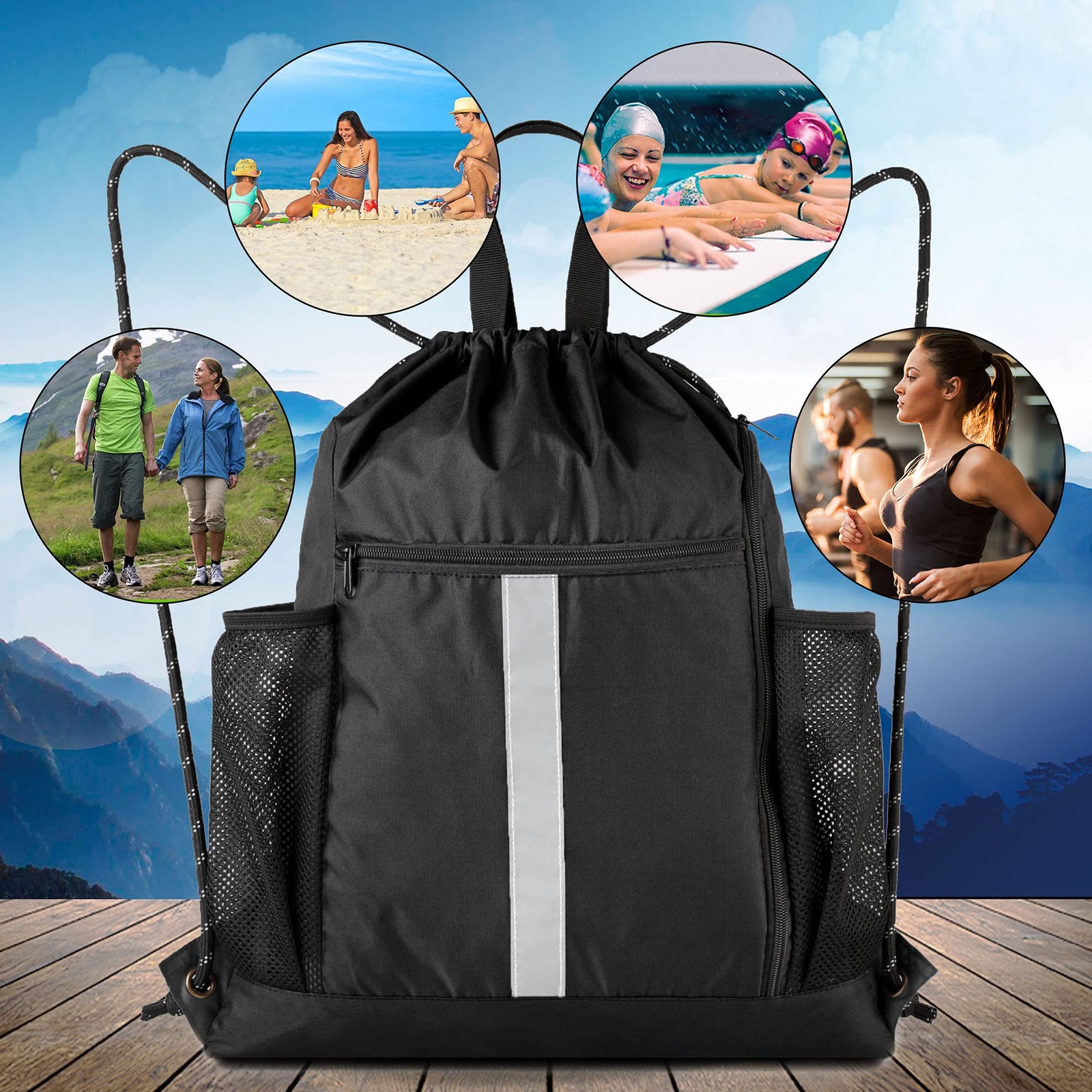 Drawstring Backpack Sports Gym Bag with Shoe Compartment and Two Water Bottle Ho