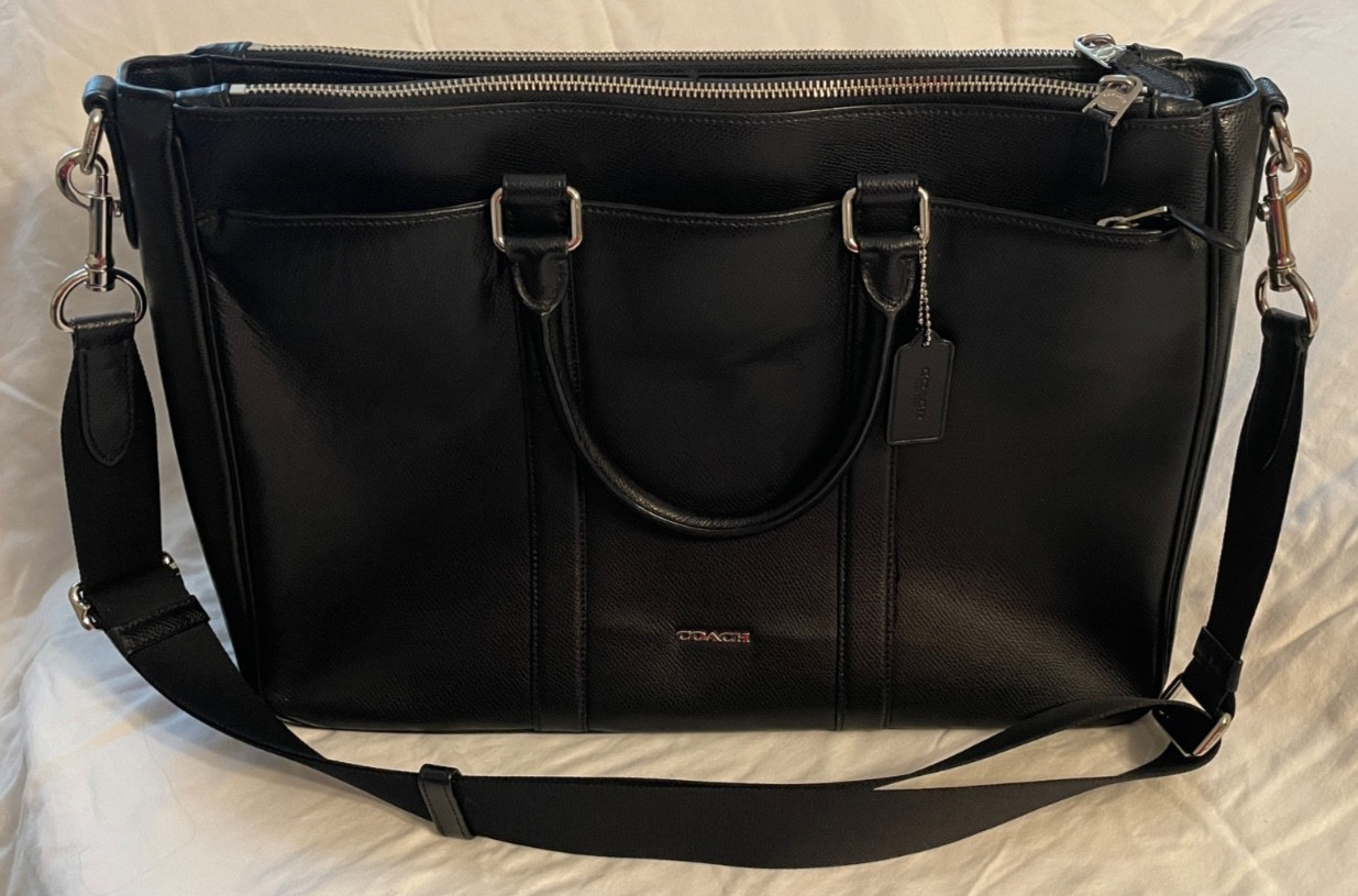 COACH 54775 PERRY Metro Black Leather Briefcase Business Commuter Laptop Bag