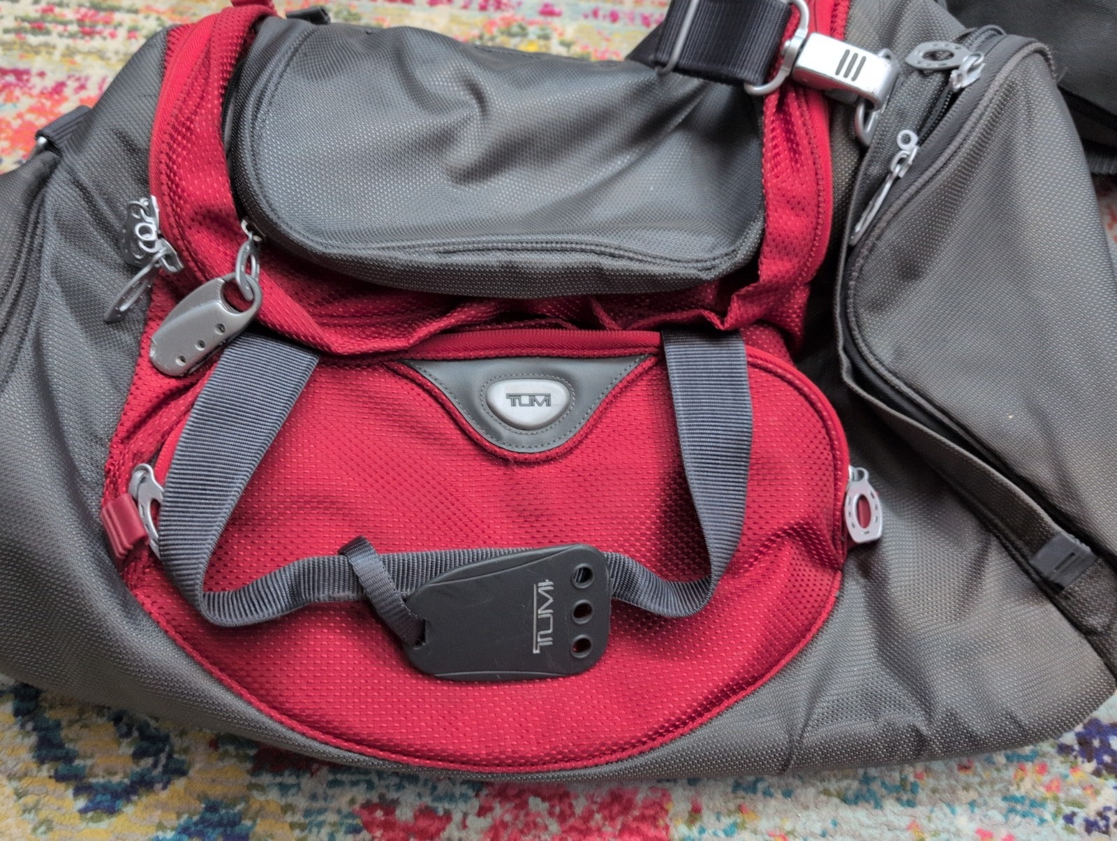 TUMI Boston 2 Way Ballistic Nylon Duffle Bag Carry On Red And Gray,