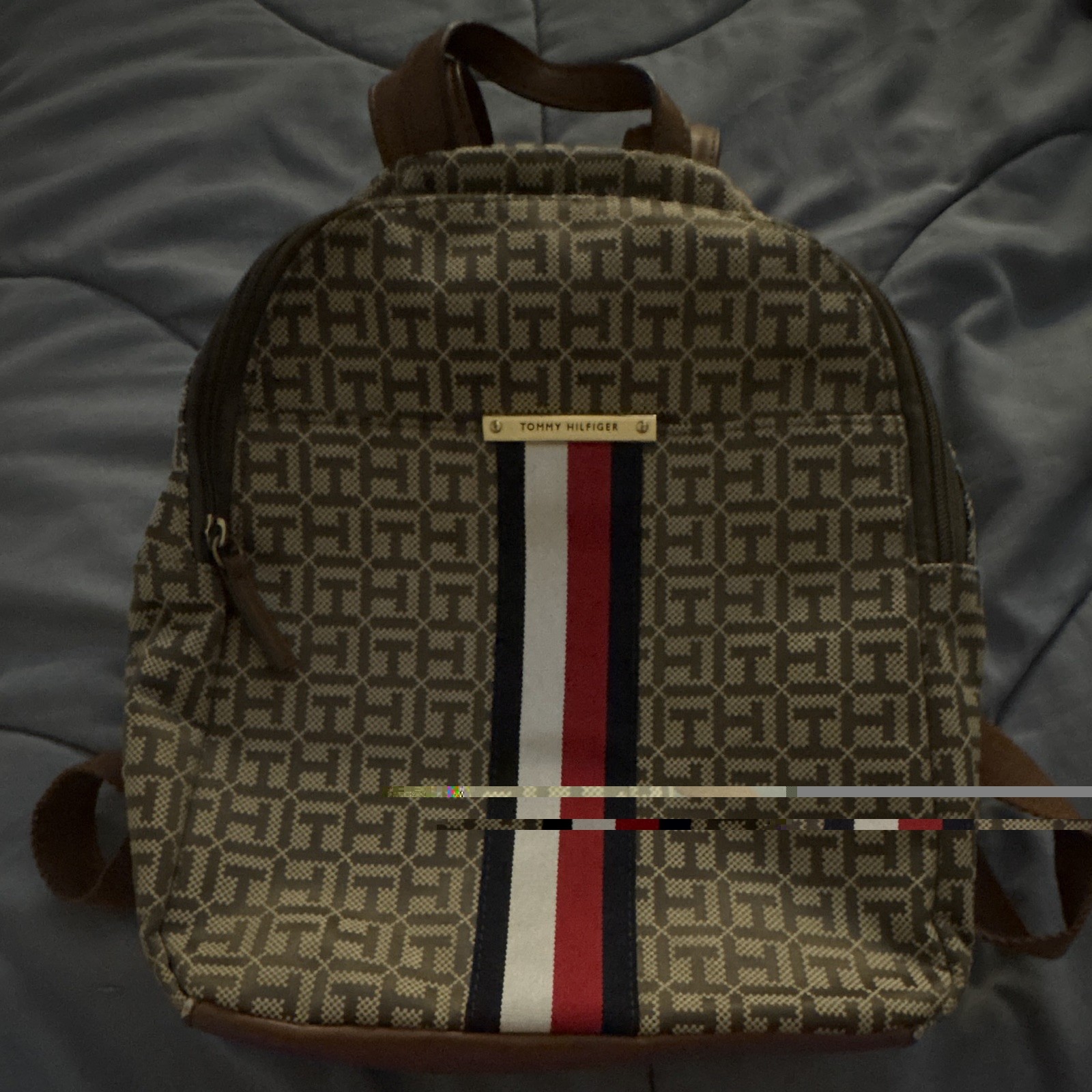Tommy Hilfiger Monogram Backpack Beige/Brown Stripe Zipper Adjustable Strap
