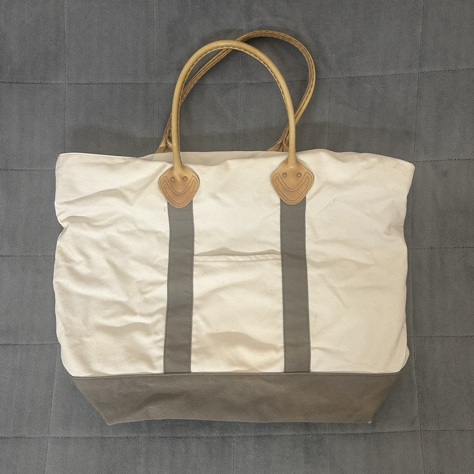 Vintage LL Bean Large Boat & Tote Bag Leather Handle Beige Green Plaid Lined