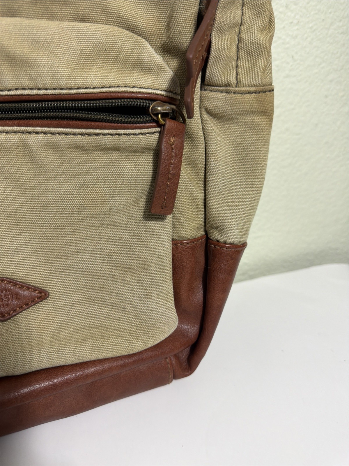 Fossil Estate Canvas Leather Backpack Beige Brown Stained 16x10x5