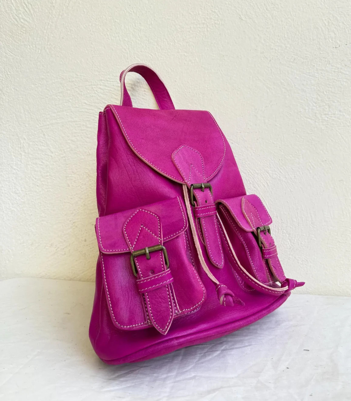 Fuchsia Pink Genuine Leather Backpack Handmade 38cm Artisan Handcrafted