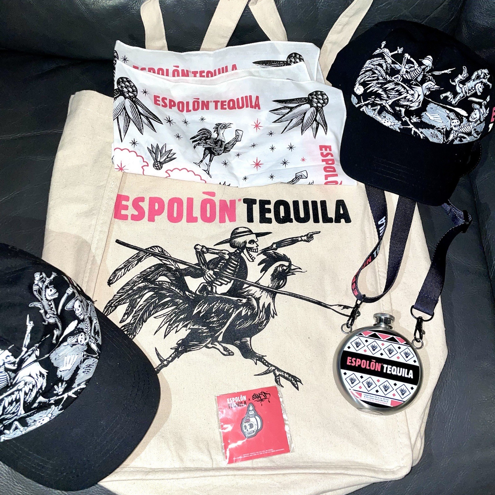 Espolon Tequila Day of the Dead Skeleton Hat Cap Tote Flask Pin Merch Set
