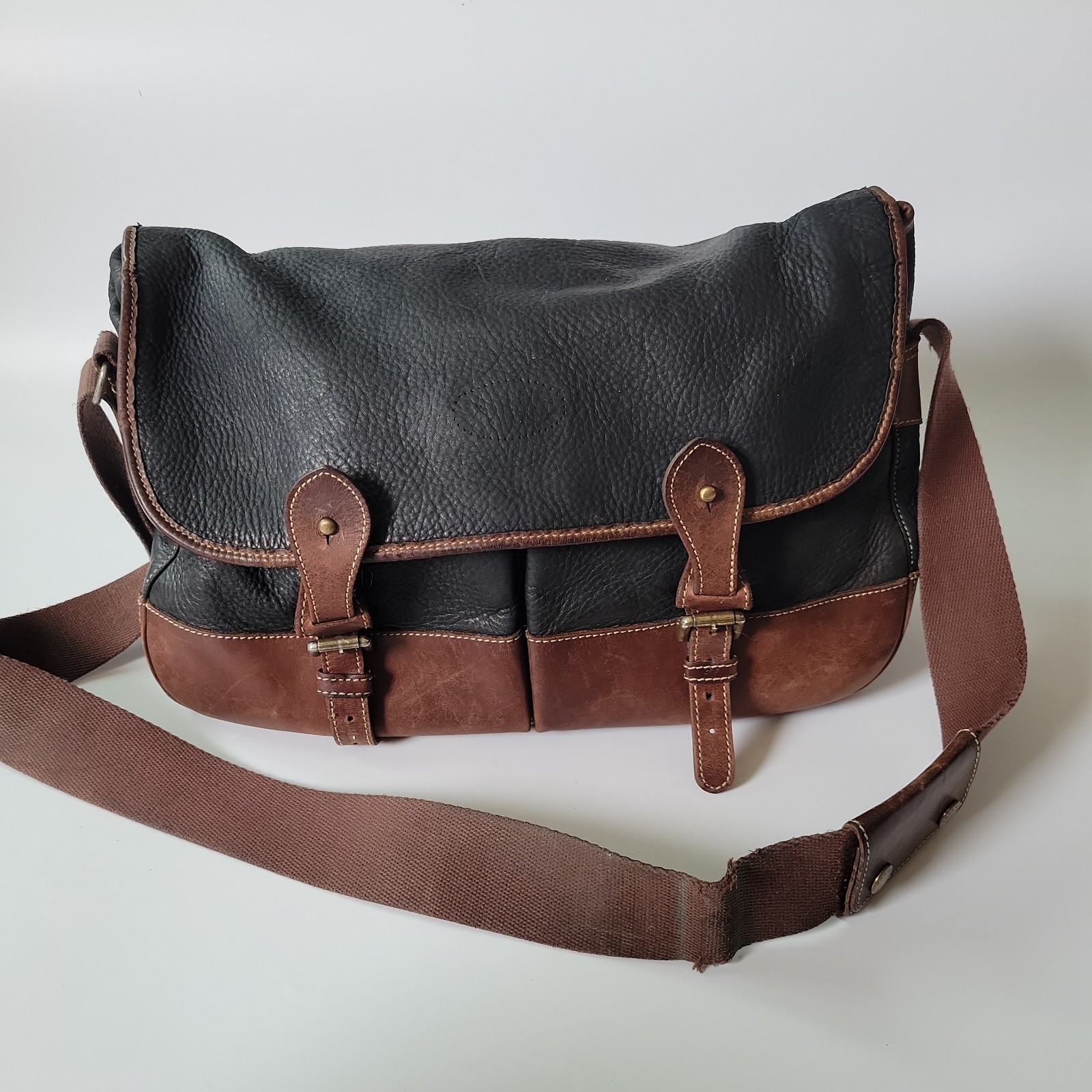 Vintage Fossil Messenger Bag Graham Two Tone Pebbled Leather Heritage Preppy