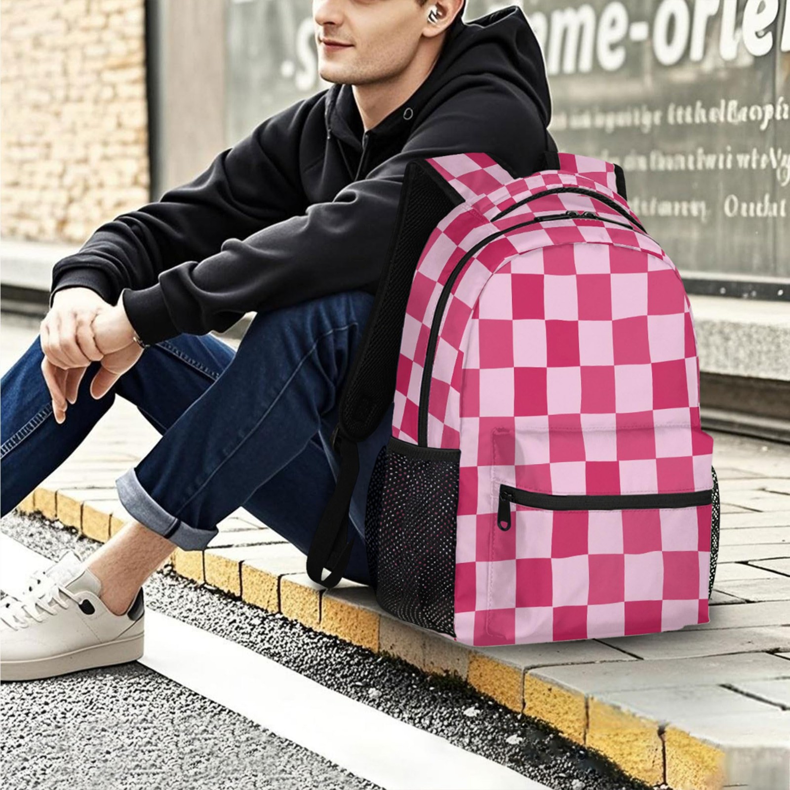 Pink Checkered Laptop Backpack Travel Daypack Bookbag For School Teens