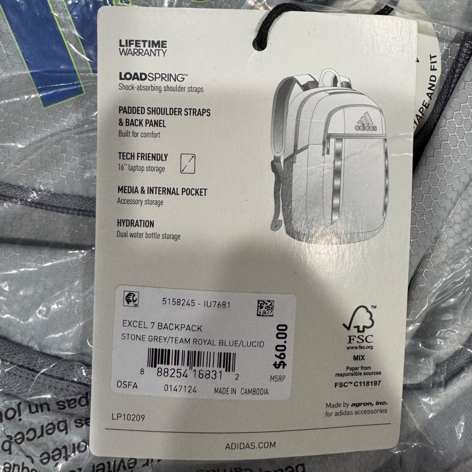 Adidas Excel 7 Backpack 16in with Laptop Storage Bottle Storage Durable Grey NEW