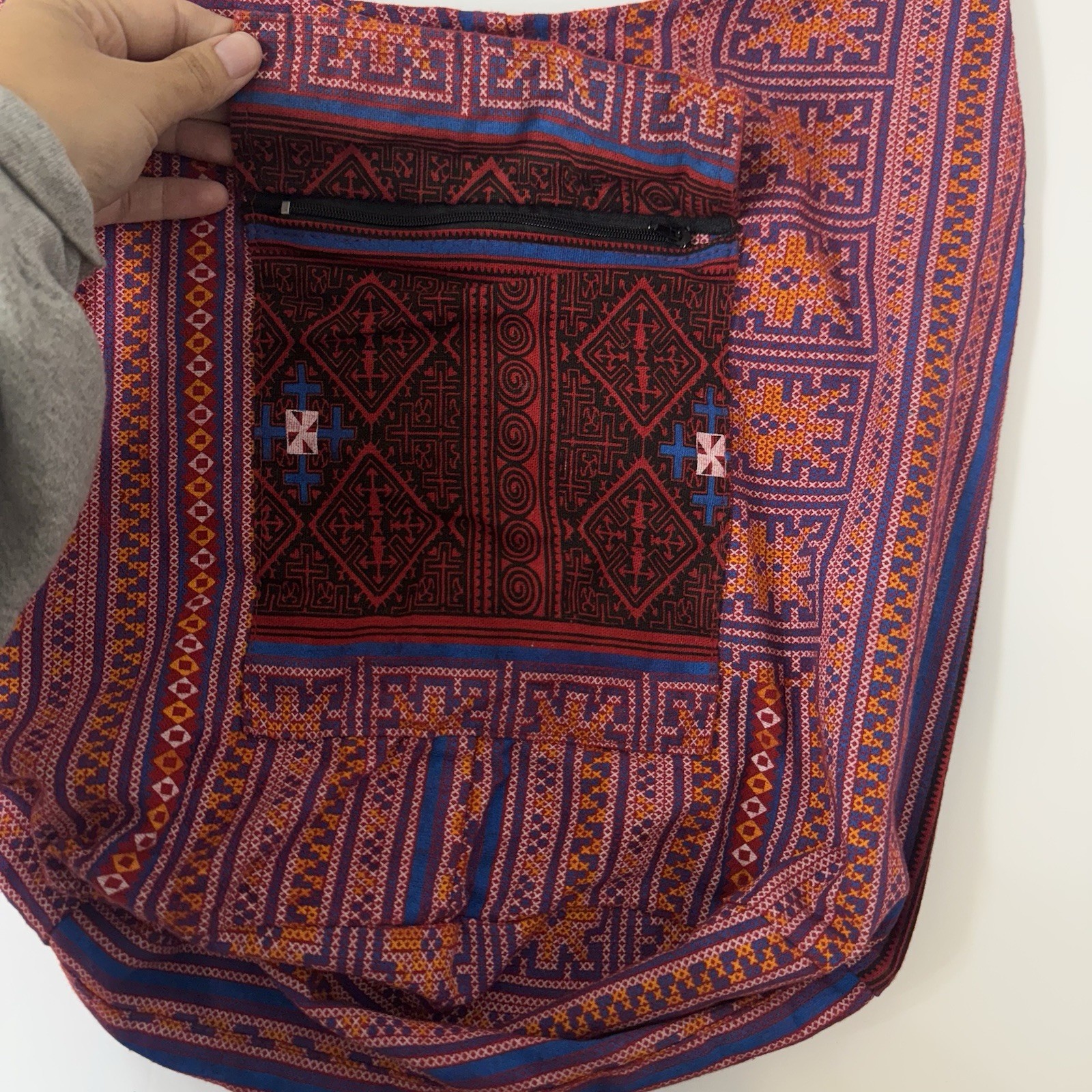 Ethnic Geometric Pattern Crossbody Shoulder Bag Zipper Inner Pocket Red Purple