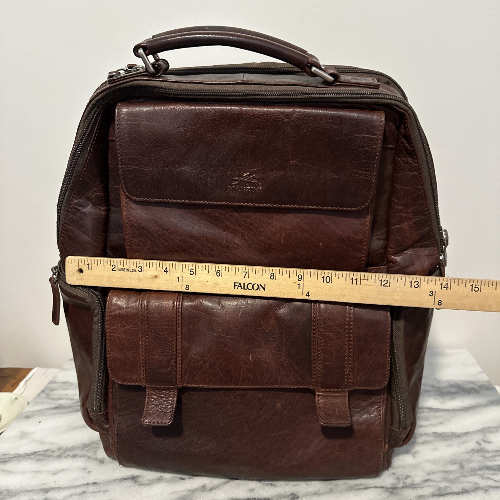 Mancini Buffalo Leather Backpack 15.6″ Laptop Bag Brown Front /side Pockets RFID