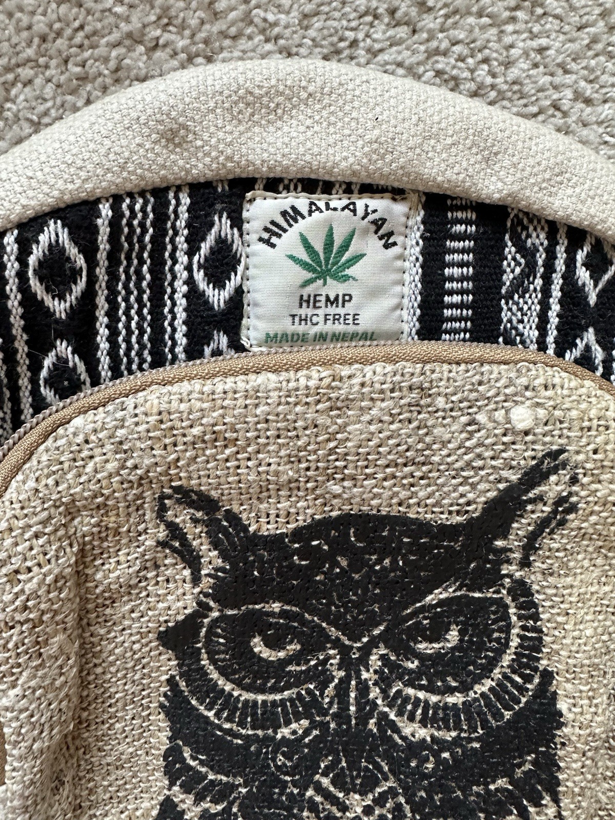 Himalayan Hemp THC Free Handmade Backpack Unisex Owl Multi Colors Boho Hippie