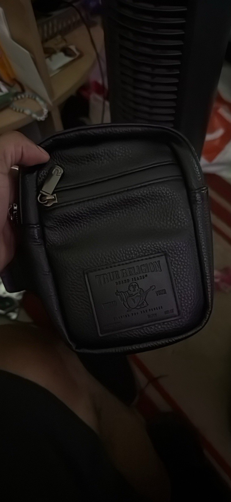 True Religion Black Buddha Logo Small Crossbody Bag Zip Closure Outer Pockets
