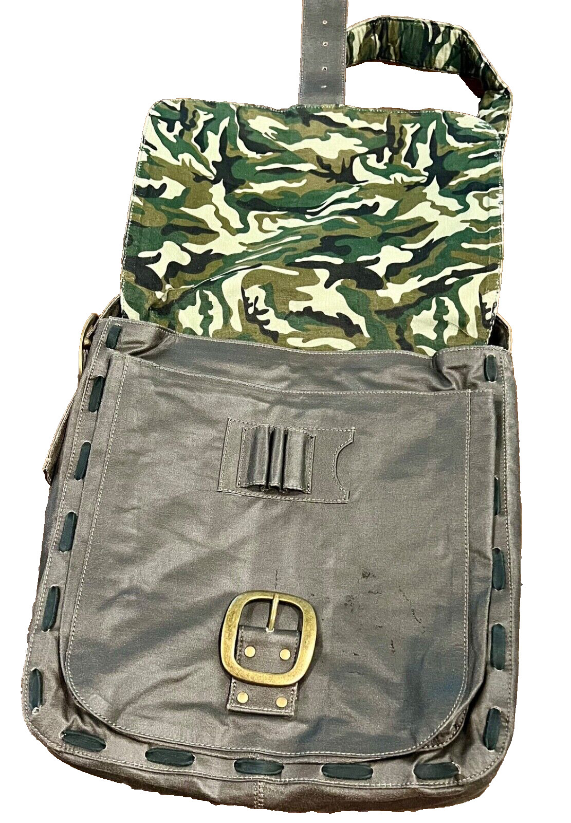Messenger Shoulder Bag Canvas Faux Leather Flap with Camo Lining