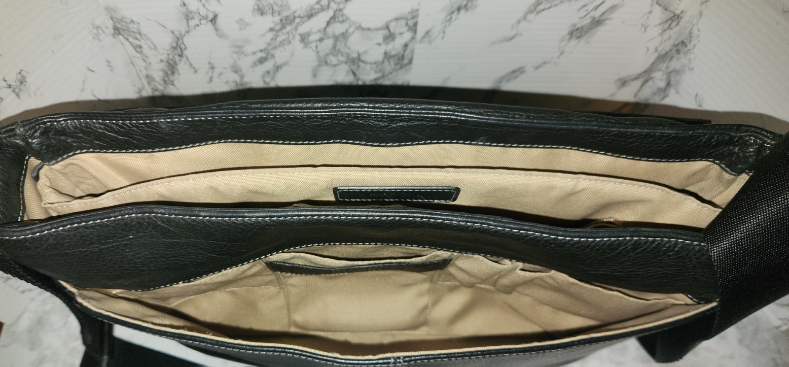 Boconi Tyler Tumbled Single Buckle Leather Messenger in Black w/ Khaki Interior