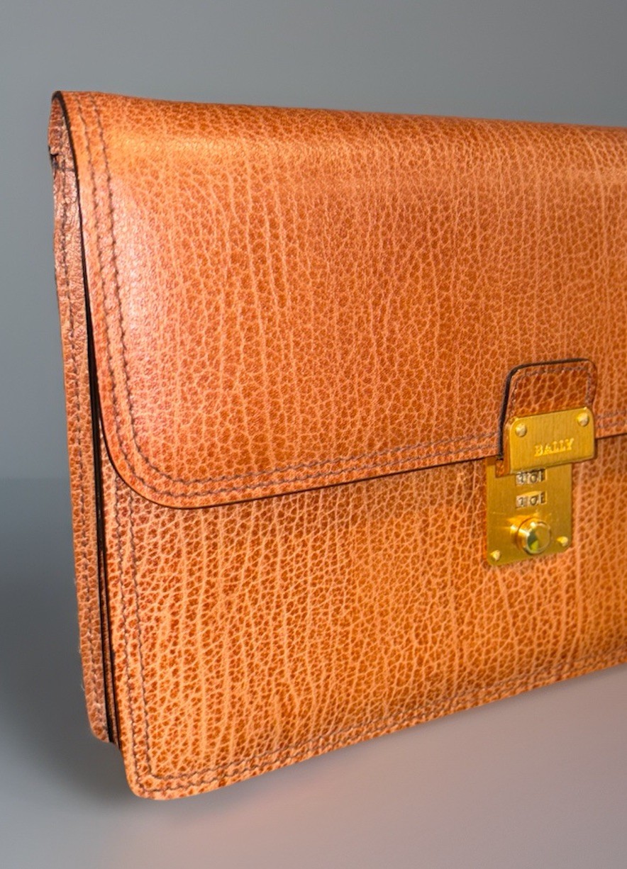 VTG Bally Caramel Leather Attaché Business Clutch Wrist Portfolio Organizer Bag