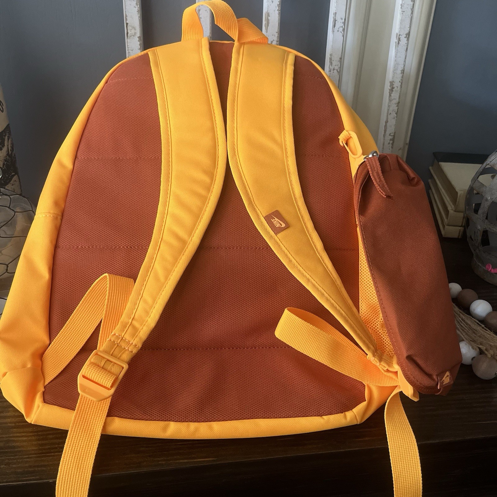New Nike Backpack Vibrant Orange Zipper Closure Pencil Bag Pockets Logo