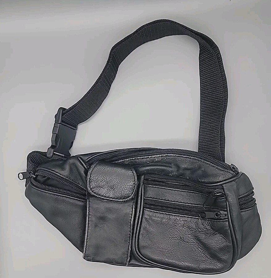 Vintage Y2K 90s Fanny Pack Belt Bag Black Zipper Dad Bag Retro Leather Retro