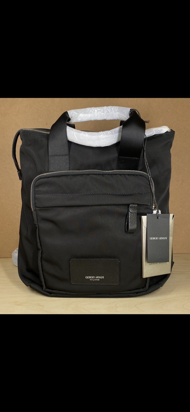 Giorgio Armani Black Backpack Zip Closure Inner Pockets Dust Bag Detach Strap