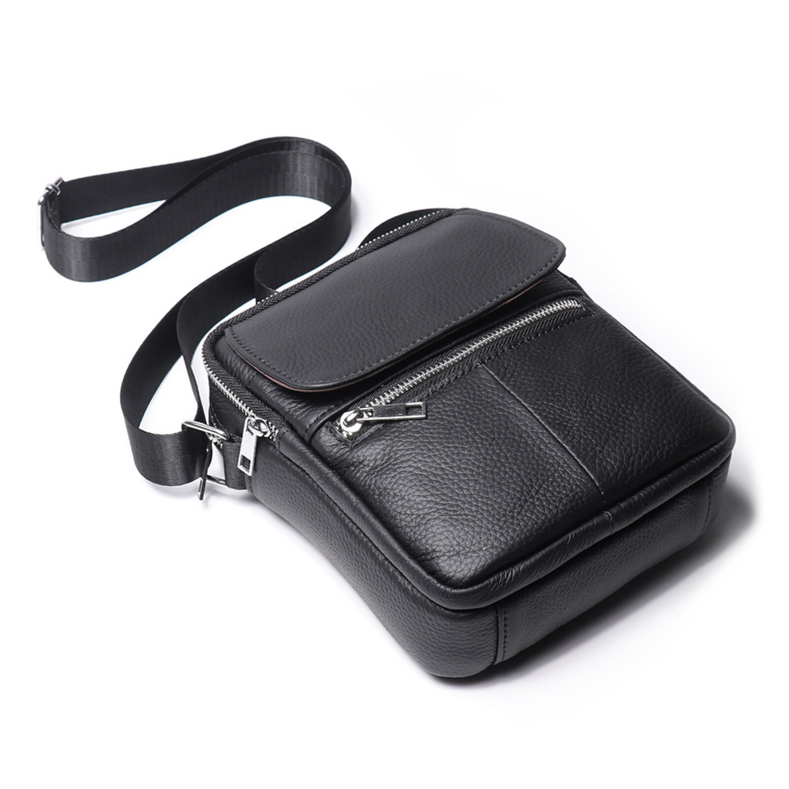 Men’s Leather Shoulder Bag Small Crossbody Multi-Pocket Travel Bag Black
