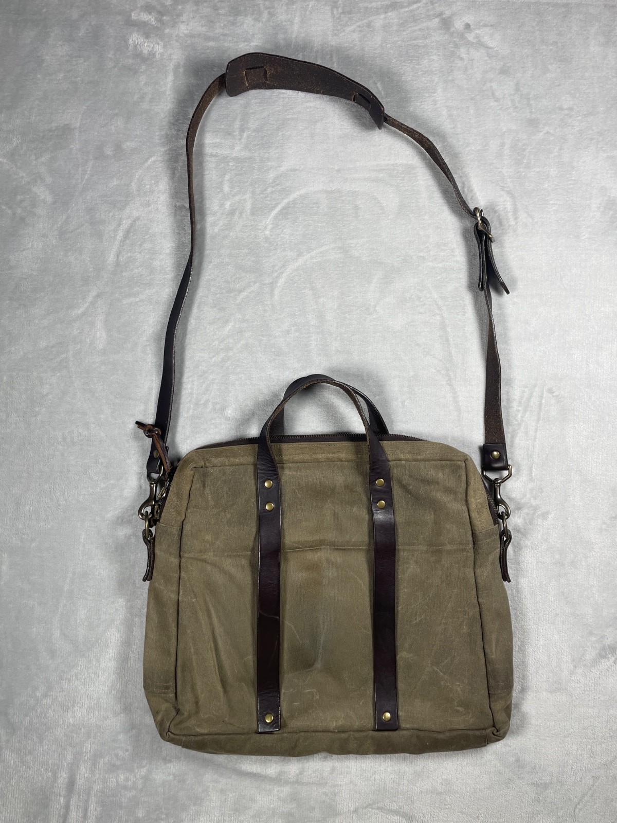 J. Stark Waxed Canvas Briefcase Messenger Bag Olive Brown Leather Strap USA
