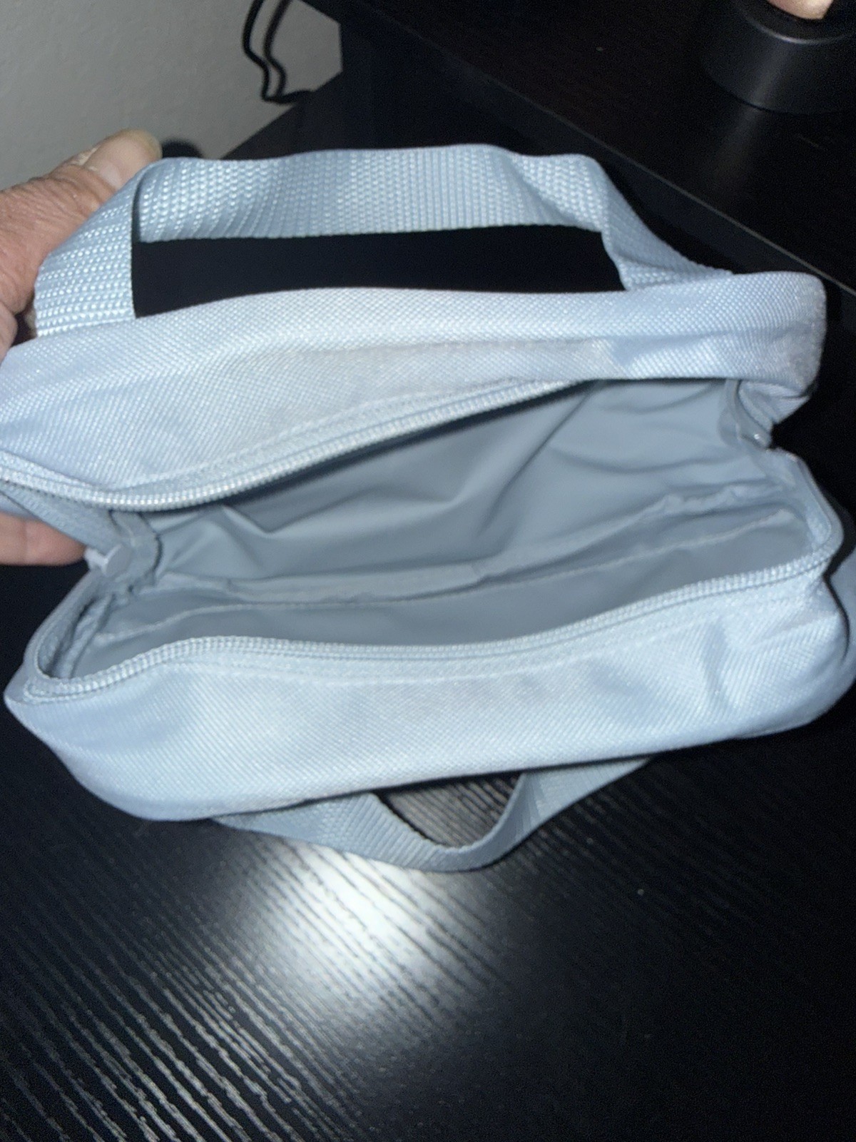 Small Adidas Make up bag light blue/grey red and yellow graphic accents