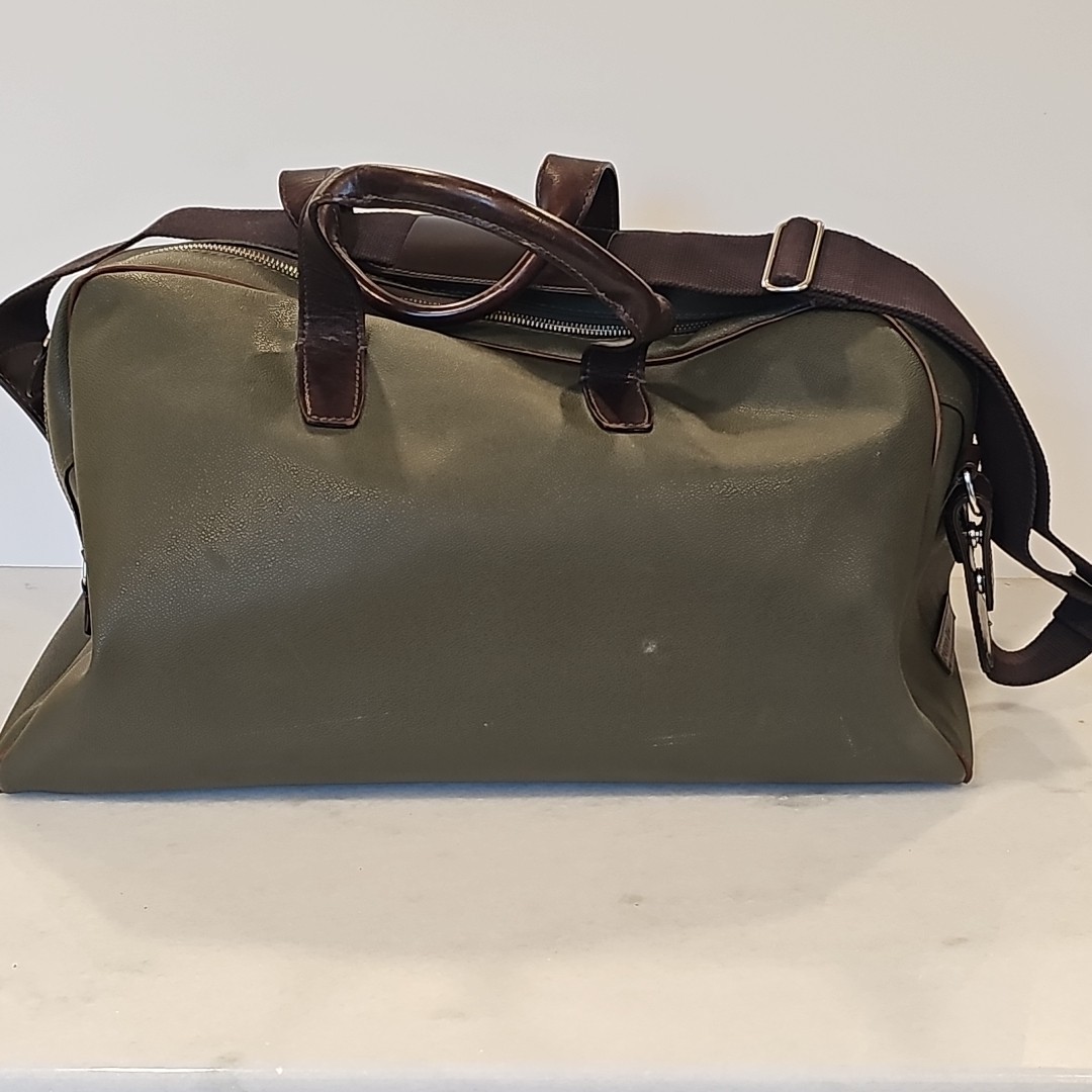 VTG Peter Millar Green PvC/Brown Leather Trim Duffle Travel Shoulder Bag Weekend