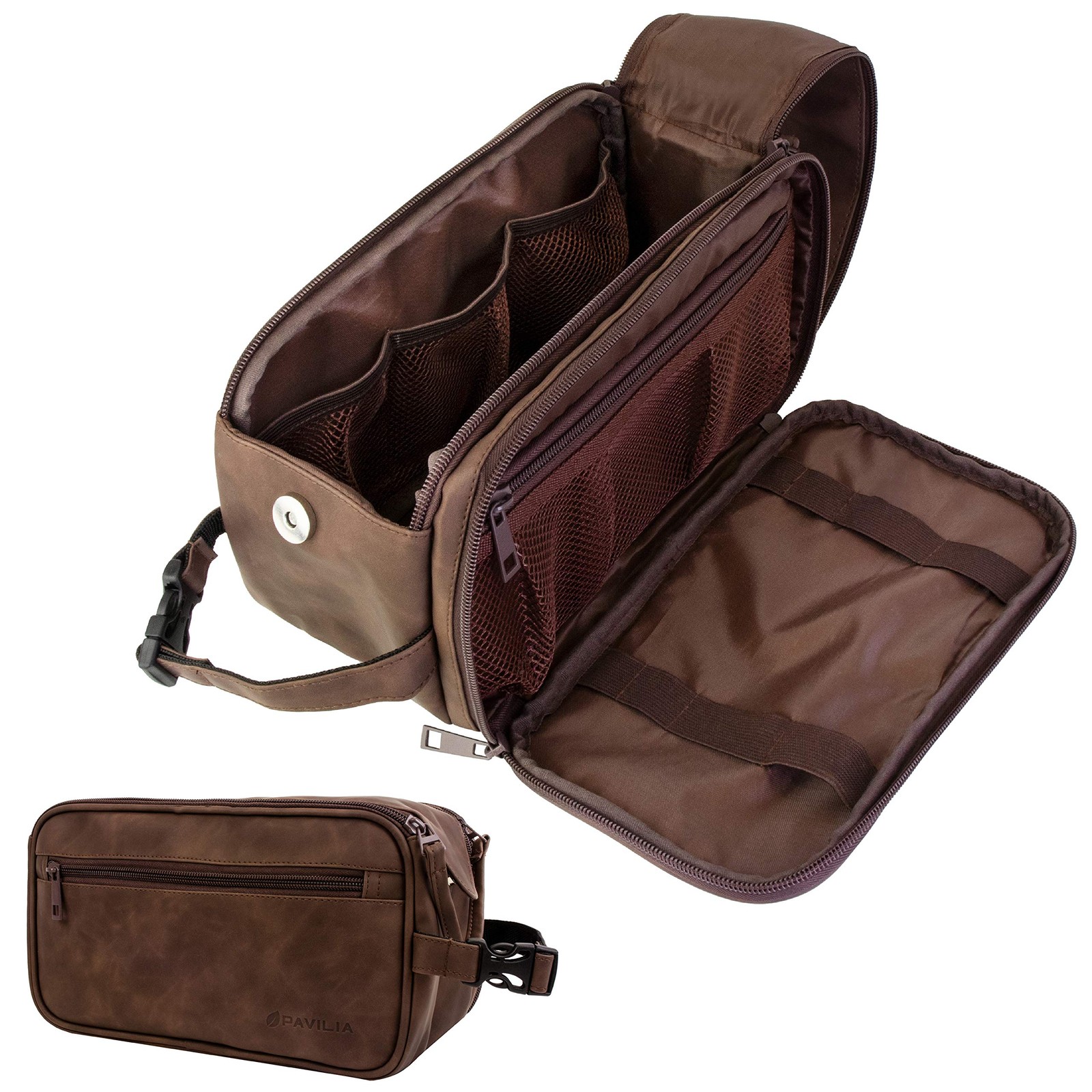 PAVILIA Toiletry Bag for Men, Travel Large (10.5×5.5×6), Dark Brown