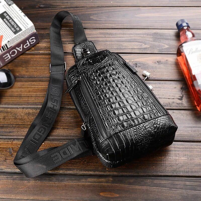 Sling Backpack Men’s Genuine Leather Crocodile Crossbody Chest Bag Sport Daypack