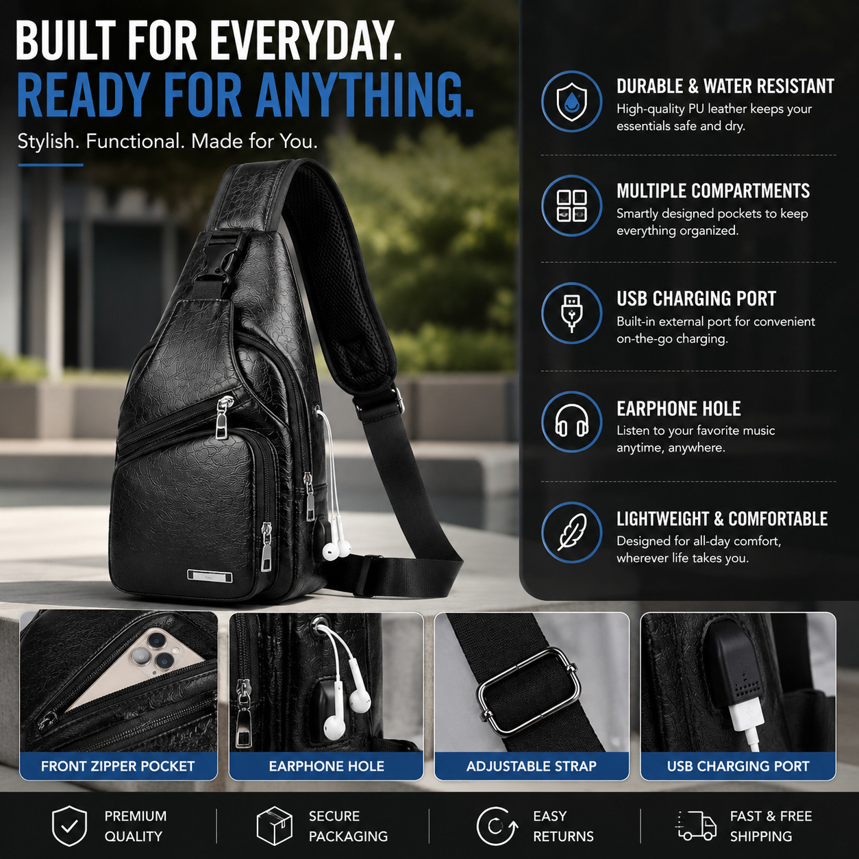 Black Chest Crossbody Bag Sling Backpack for Men with USB Charge Port