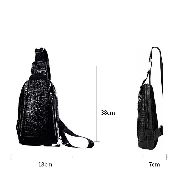 Genuine Leather Sling Backpack Black Men’s Crossbody Chest Bag Crocodile Pattern