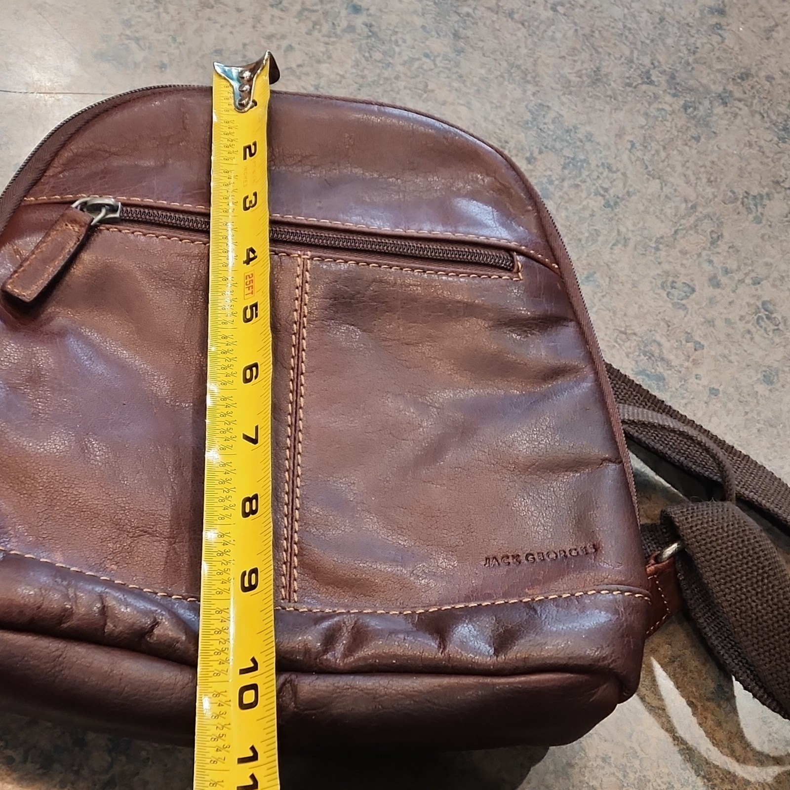 Jack Georges Brown Zip Backpack Leather w/ Striped inside Pattern Men’s 10×10