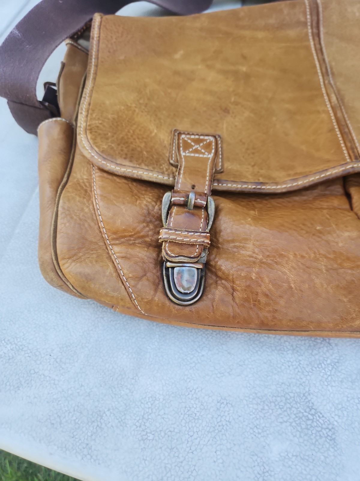 Vtg LL Bean Leather Laptop Messenger Briefcase Tan Bag Expandable Distressed
