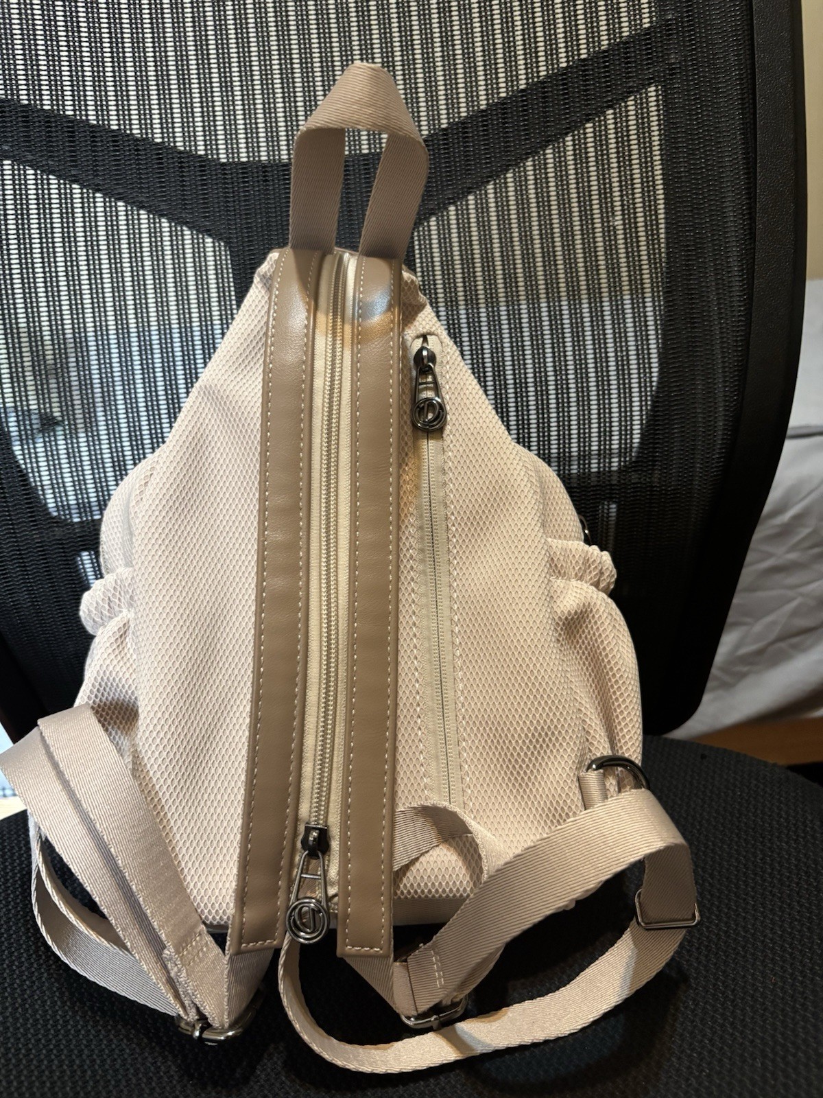 D&L Dilluna Small Beige Backpack Sling Bag Adjustable Strap, Outer Pockets, Zip