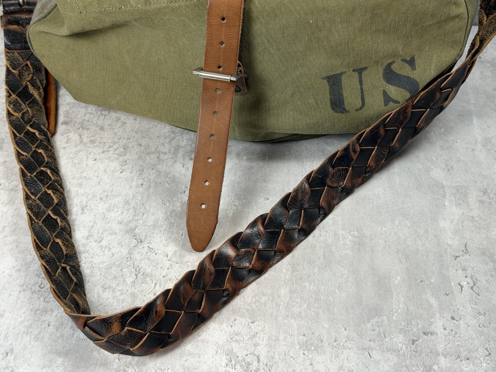 Vintage Army Military Newspaper Bag Upcycled Leather Hide Canvas 17×13 OOAK