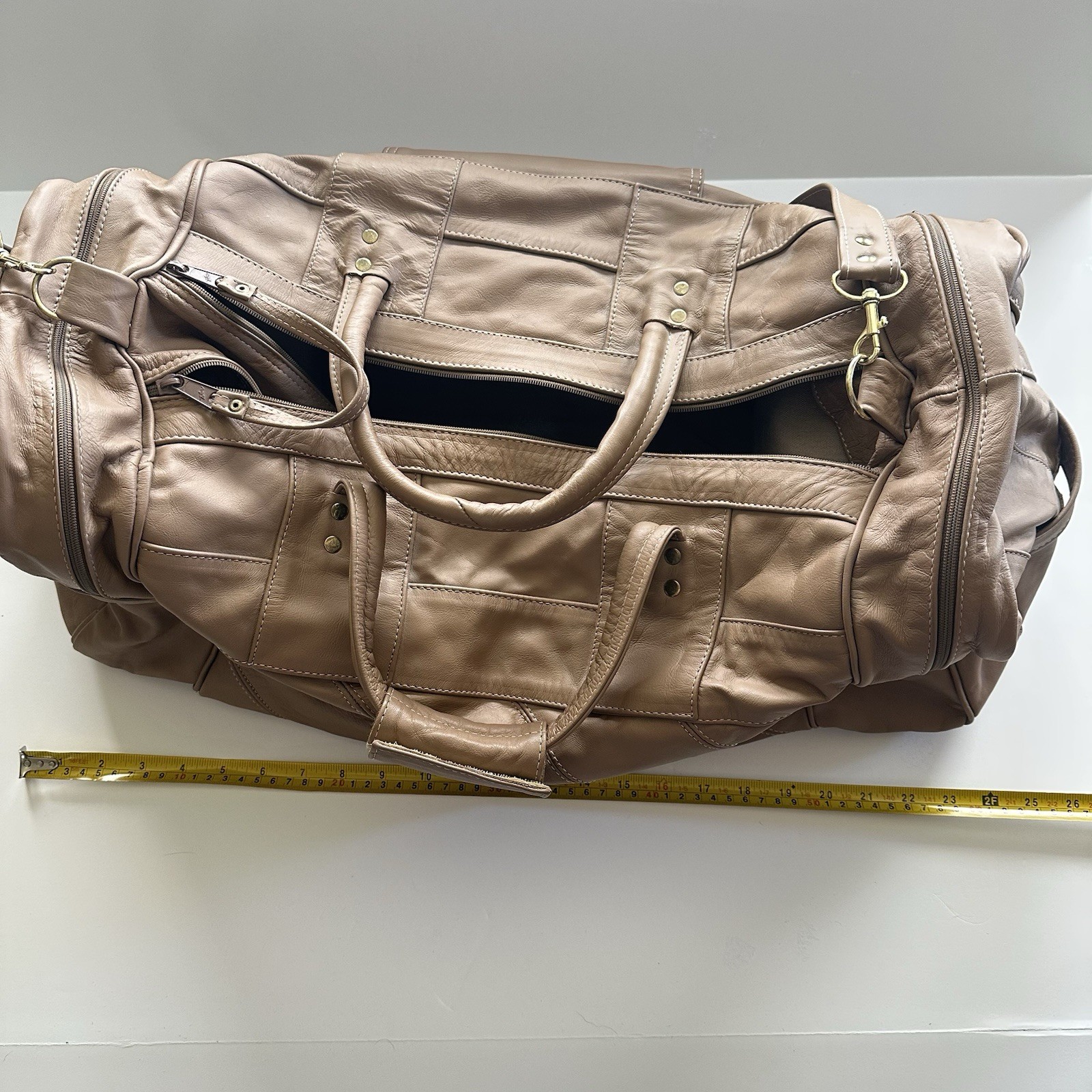 Handmade Mexico Vintage Carroll Top Grain Tan Leather Duffel Bag 22”x10”x12”