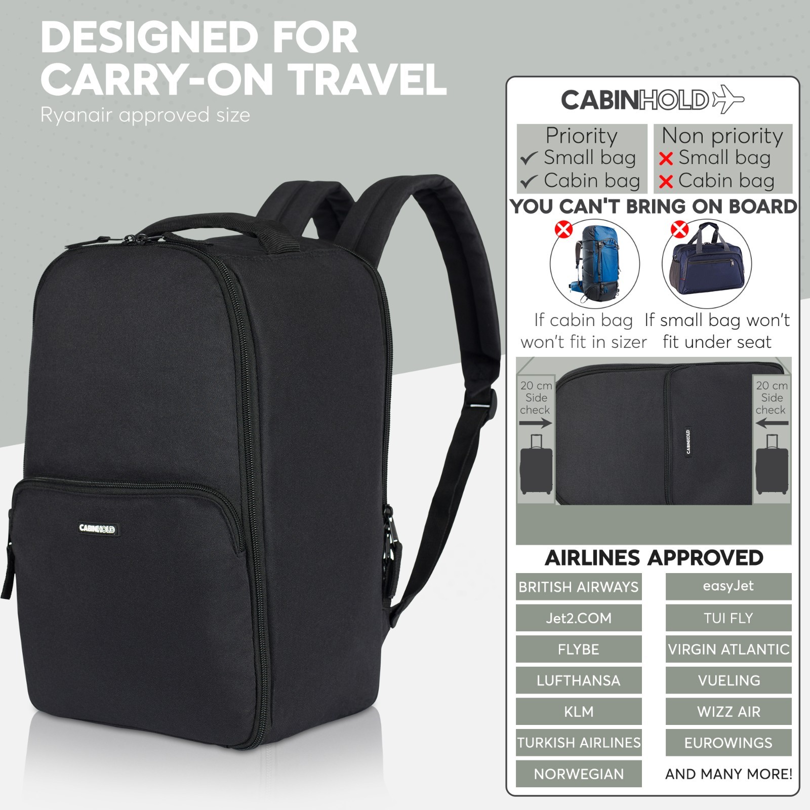 Ryanair Backpack 40x25x20cm CABINHOLD® London Hand Luggage 20L Cabin Bag RPET