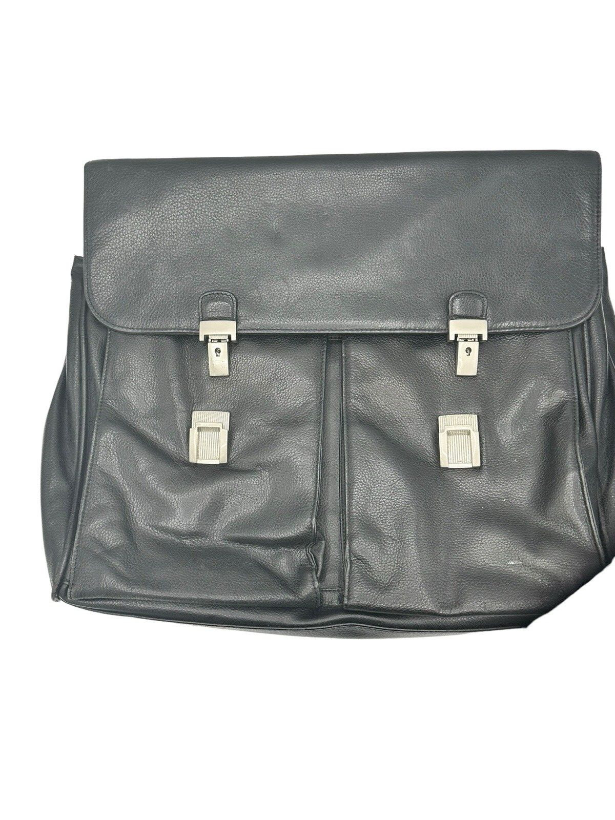 Perry Ellis Portfolio Black Genuine Leather Briefcase Black Many Pockets FLAW